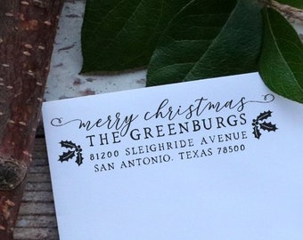 Merry Christmas Address Stamp - Holiday Address Rubber Stamp - Custom Address Stamp
