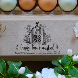 Sello de goma de la granja - sello de cartón de huevo - sello de granero - sello de gallinero - huevos de pollo fresco - sello personalizado de pollo - sello de huevo floral