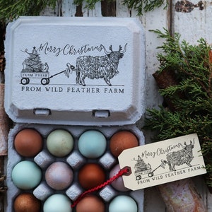 Sello de Navidad de granja - Sello de cartón de huevo de Navidad - Sello de pollo de vaca de Highland - Sello de cartón de huevo - Sello de granja personalizado - Sello de Feliz Navidad