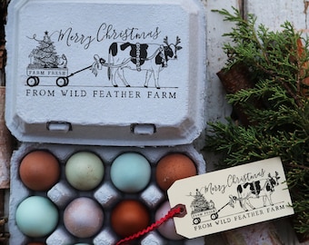 Cow and Chicken Christmas Stamp - Christmas Egg Carton Stamp - Farm Stamp - Egg Carton Stamp - Custom Farm Stamp - Merry Christmas Stamp