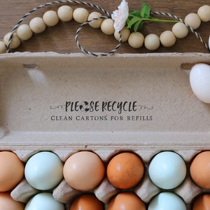 Por favor, recicle los cartones limpios - Devuelva el sello de goma del cartón - Sello de granja - Huevos de gallina frescos - Sello de pollo - Sello de cartón de huevo