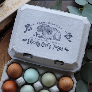 Sello de cartón de huevo personalizable de roble y granero -sello de goma - sello de granja - sello de cabra - sello personalizado de huevo de pollo - huevos frescos de la granja