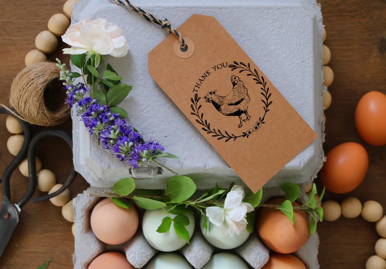 Flower Crown Chicken Egg Carton Rubber Stamp Thank You Farm Stamp Chicken Stamp Farm Fresh Eggs Farmhouse Egg Carton Stamp image 2