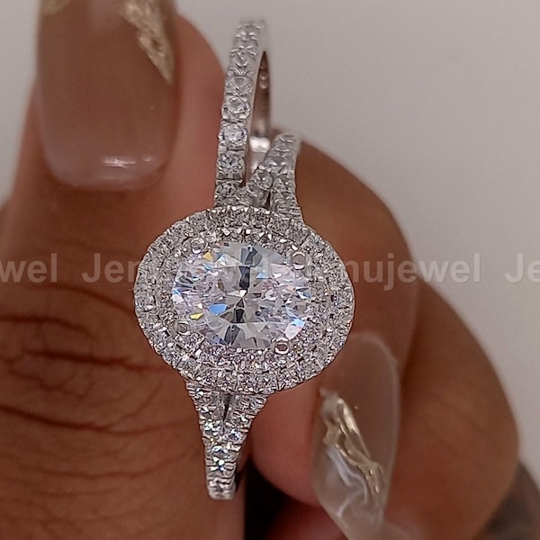 Conjunto de Noivado com Moissanita de 3,50 CT, Anel de Ouro Branco com Corte Oval e Duplo Halo, Conjunto de Alianças com Aro Dividido, Anel de Aniversário