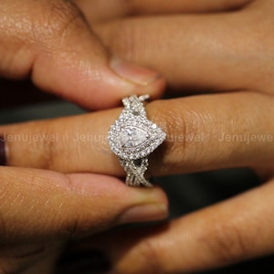 14K Solid White Gold Engagement Ring, Moissanite 2.5 CT Bridal Set Wedding Ring For Her, Pear Cut Double Halo Diamond Ring, Women&#39;s Day Sale