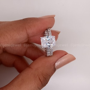 2.50 CT Radiant Cut Moissanite Bridal Set Ring, 14K White Gold Wedding Ring Set, Art Deco Diamond Jewelry Gift For Her, Custom Engraved Ring