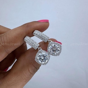 3.60 CT Round Cut Dangle Earrings, 14K White Gold Moissanite Earrings, Perfect Anniversary Gift Earrings, Customized Wedding Jewelry for Her