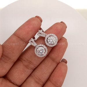 Moissanite Floral Earrings, 2.50 CT Round Cut Drop & Dangle Earrings, Solid 14K White Gold Wedding Earrings, Anniversary Gift For Her Wife