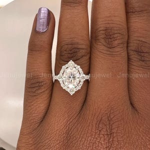 Oval Moissanite Halo Engagement Ring: 14K White Gold Art Deco Promise Ring