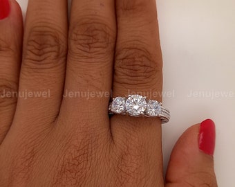 3.00 Anillo de compromiso de tres piedras Moissanite, anillo de boda de corte redondo, anillo de regalo de aniversario de oro blanco sólido de 14K, anillo de promesa, anillo de propuesta
