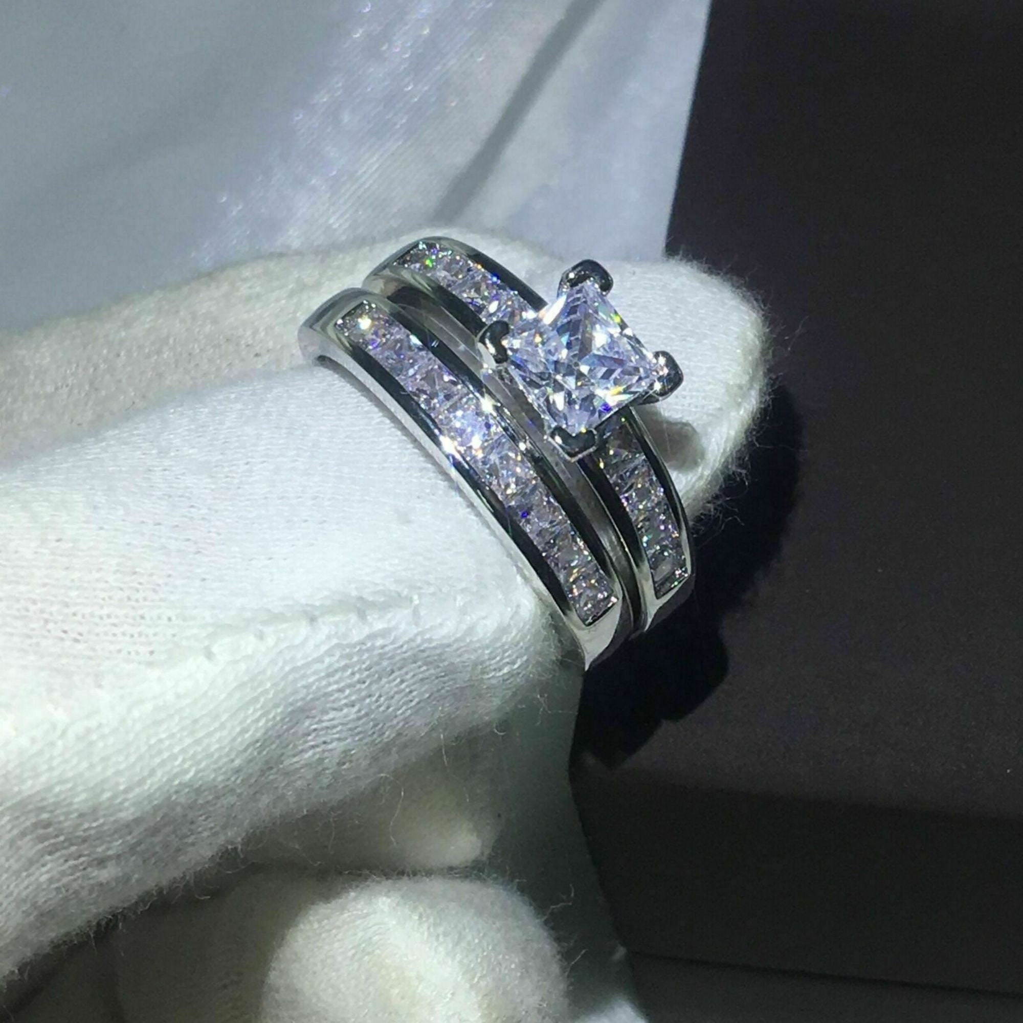 Solid 14K White Gold Bridal Set Ring/2 CT Certified Princess | Etsy