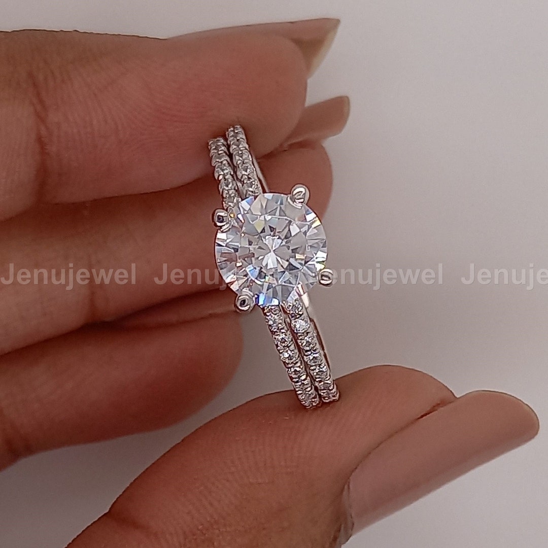 Round Cut 2 CT Moissanite Bridal Ring Set: 10/14K White Gold Wedding ...