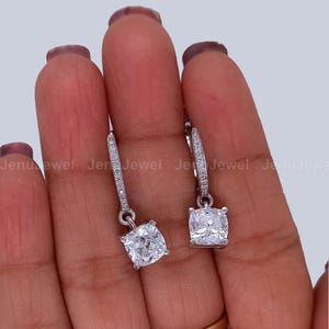 Moissanite Cushion Cut Drop & Dangle Earrings With Latch Back, 3.5 CT Diamond earrings In Solid 14K White Gold for Women&#39;s, Wedding Earrings
