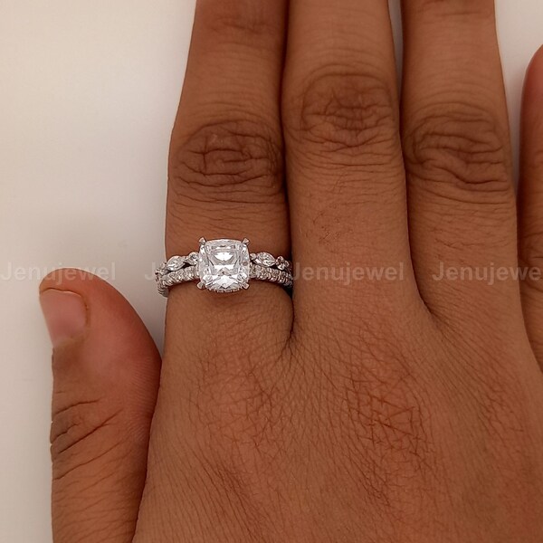 Moissanite 2.70 CT Bridal Set Wedding Ring, Solid 10/14K White Gold Ring, Cushion Cut Diamond Ring Set, Full Eternity Matching Band.