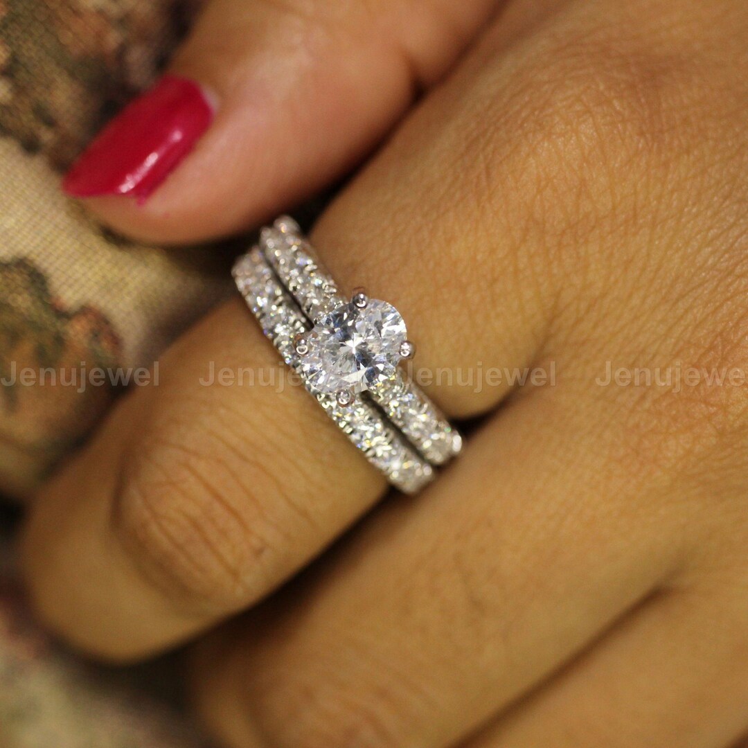 Oval Cut Bridal Set Ring, Moissanite 2 CT 14K White Gold Engagement ...