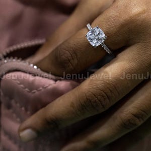 Moissanite Cushion Cut Hidden Halo Engagement Ring: 14K White Gold Bridal Jewelry