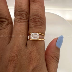 Elegant Moissanite 2 CT Split Shank East-West Solitaire Ring, 14K Yellow Gold Emerald Cut Ring, Perfect Mothers day Gift, Personalized Ring