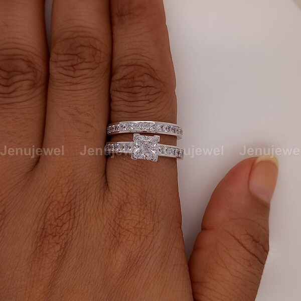 Anillo de boda de moissanita de corte princesa: anillo de compromiso nupcial de oro blanco de 10 quilates, alianza a juego, anillo de boda de corte princesa, anillo para mujer