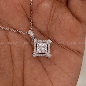 2.50 CT Moissanite Halo Pendant, Solid 14K White Gold Pendant, Princess Cut Diamond Pendant, Anniversary Gift Pendant, Women&#39;s Pendant