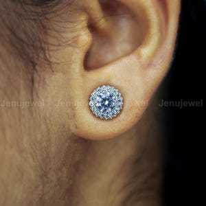 Moissanite Round Cut Earrings, 2.50 CT Stud Earrings, 14K White Gold Halo Earrings, Customized Push Back Studs, Handmade Anniversary Gift