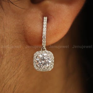 Moissanite Wedding Earrings, Round Cut Dangle Earrings, 10K/14K White Gold Earrings, Custom Made Push Back Earrings, Birthday Gift Earrings