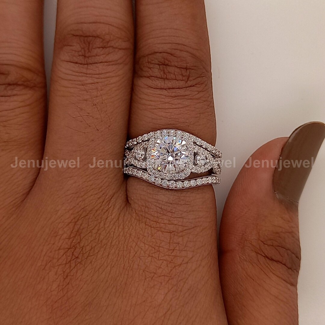 3 CT Moissanite Round Cut Ring Set: 14K White Gold Anniversary Jewelry ...