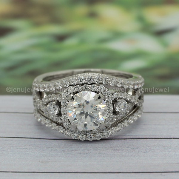 3 CT Antique White Round Cut Moissanite Wedding Engagement Vintage Ring Sets,Trio Ring Set,Infinity Halo Round Bridal set Ring, Gift Ring