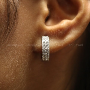 14K White Gold Diamond Huggie Hoop Earrings | 2 CT Round Diamond Earrings | Clip-On Back | Wedding Gift for Her | Minimalist Diamond Hoops