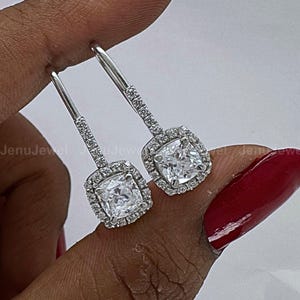 14K White Gold Dangle Earrings, Cushion Cut 2.6CT Wedding Jewelry, Handmade Moissanite Hook Back Earrings, Perfect Gift For Special Occasion