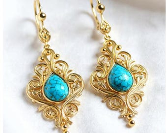 Turquoise earrings, Gold turquoise Leaf earrings, brass earrings with turquoise gem, Turquoise Dangle Drops, Minimalist Motif Gift Earring.