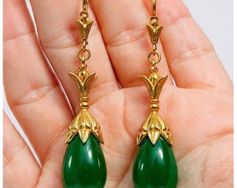 Green Onyx Dangle Earrings,Silver Boho Gemstone Onyx Earrings, Natural Onyx Drop Earrings, Gold Onyx Blossom Earrings, Long Vintage Earrings