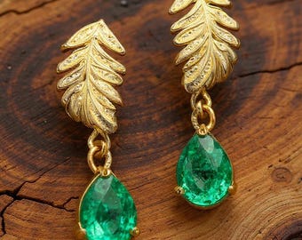 Silver Leaf Emerald Drop Dangle Ladies Earrings,Brass Infinity  Earrings Jewellery Created Emerald, Branch Earrings, Green Vintage Earrings