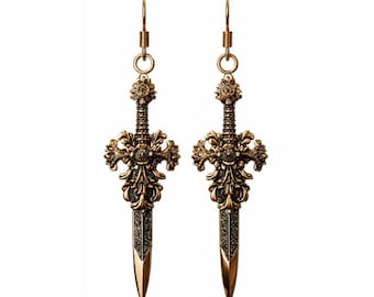 Sword Earrings,Gold Dagger Earrings,Brass Sword Earrings,Gothic Dagger Drop Sword Dangle Hoop Earrings,Artisan Edgy Earring ,ARIANA EARRINGS