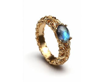 Labradorite Silver Ring, Motif Ring with Labradorite,Engraved Design Women Ring, Oval Labradorite Gift Filigree Hippie~Bohemian Ring For Her