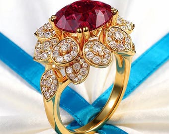 Red Garnet Ring: 925 Silver Engagement Moissanite Halo, Brass Handmade Art Deco Flower Style,Leaf Oval Garnet Bridal Wedding Women Gift Ring