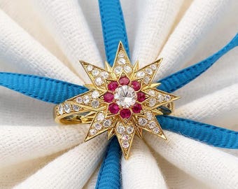 Vintage Diamond and Ruby Starburst Ring,Women Round Red Ruby 10K Real Gold Promise Ring, Custom Wedding Anniversary Ring Gift  for Her
