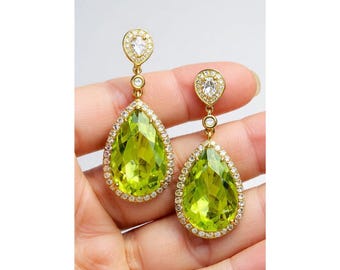 Pear Cut Multi Stone Peridot Earrings, August Birthstone Earrings,Gift Halo Peridot Earrings Silver, Long Pear Shape Dangle Earrings Brass.