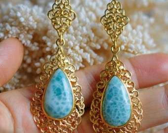 925 Blue Larimar Earrings,Pear Brass Blue Drop Earrings,Filigree Larimar Long Earrings,Sky Blue Floral Gift Earrings,Women's Boho Earrings.
