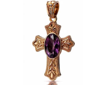 Amethyst Cross Pendant, 925 Silver Gemstone Emboss Motif Necklace, Brass Handmade Engraved  Vintage Christian Jewelry Gift for Her or Him