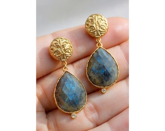 Handmade Pear Labradorite Earrings,Silver Dangle Earrings, Brass Engraved Motif Statement Gemstone Drop Women Earrings,Stamped Jewelry Gift.