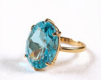 Gold Plated Silver Blue Topaz Ring,Oval Natural Blue Topaz Vintage Ring,December Birthstone,Blue Topaz Wedding Ring Blue Gold Vermeil Ring.