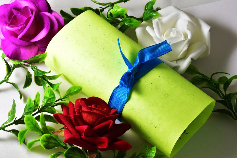 May include: A rolled-up, light green scroll tied with a blue ribbon, surrounded by a red, white, and purple rose, and green leafy vines. The scroll is the focal point, suggesting a certificate or special announcement.