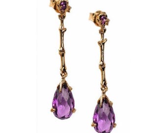 Orecchini in bambù con ametista, orecchini pendenti in argento per donna, orecchini ispirati alla natura botanica, gioielli delicati in stile boho, orecchini a bottone con barra di bambù.
