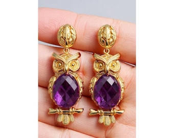 Owl Earrings Silver,Amethyst Antiqued Brass Owl Jewelry,Witchy Jewelry, Dangle Purple Earrings,Vintage Style Owl Gifts,Gothic Barn Owl Gift.
