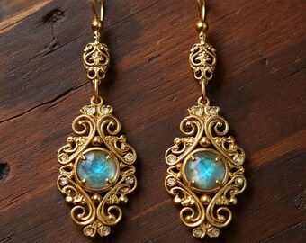 Silver Labradorite Earrings,Filigree Statement Dangler, Handmade Brass Blue Gemstone Drop Earrings, Stamped Jewelry Gift for Her BirthDay.