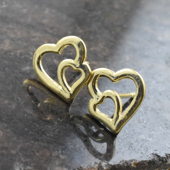 10K Gold Double Heart Studs Earrings Double Heart Design Heart