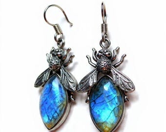 Silver Bee Dangling Earrings, Labradorite Bee Earrings,Honey Bee Earrings,Gothic Statement Earrings,Bee Jewelry,Gift Earring,Insect Earrings