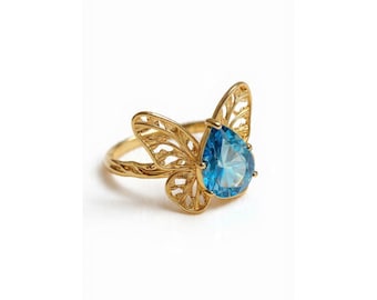 Vintage Butterfly Ring,Blue Topaz Filigree Gemstone Ring, Butterfies Pattern Ring,Boho Ring,Insect Jewelry,Nature Ring,Butterfly Wings Ring.