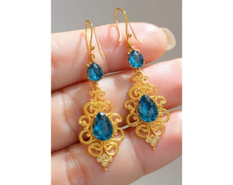 Blue Topaz Silver Drop Earrings, December Birthstone, Brass Hammered  Filigree Edwardian Art Deco,Ornate drop Earrings,Gothic Romantic Gift.