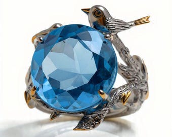 Sterling Silver Hummingbird Ring, Blue Topaz Gemstone,Nature Silver Bird Ring,Bird On Branch,Tree Ring, Boho, Bohemian,Gypsy,Animal Jewelry.